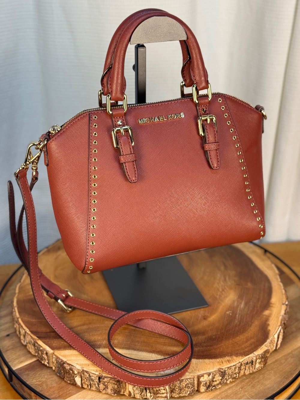 Michael Kors Ciara Grommet Brick Red Saffiano Leather Satchel Crossbody Bag EUC - Picture 7 of 16